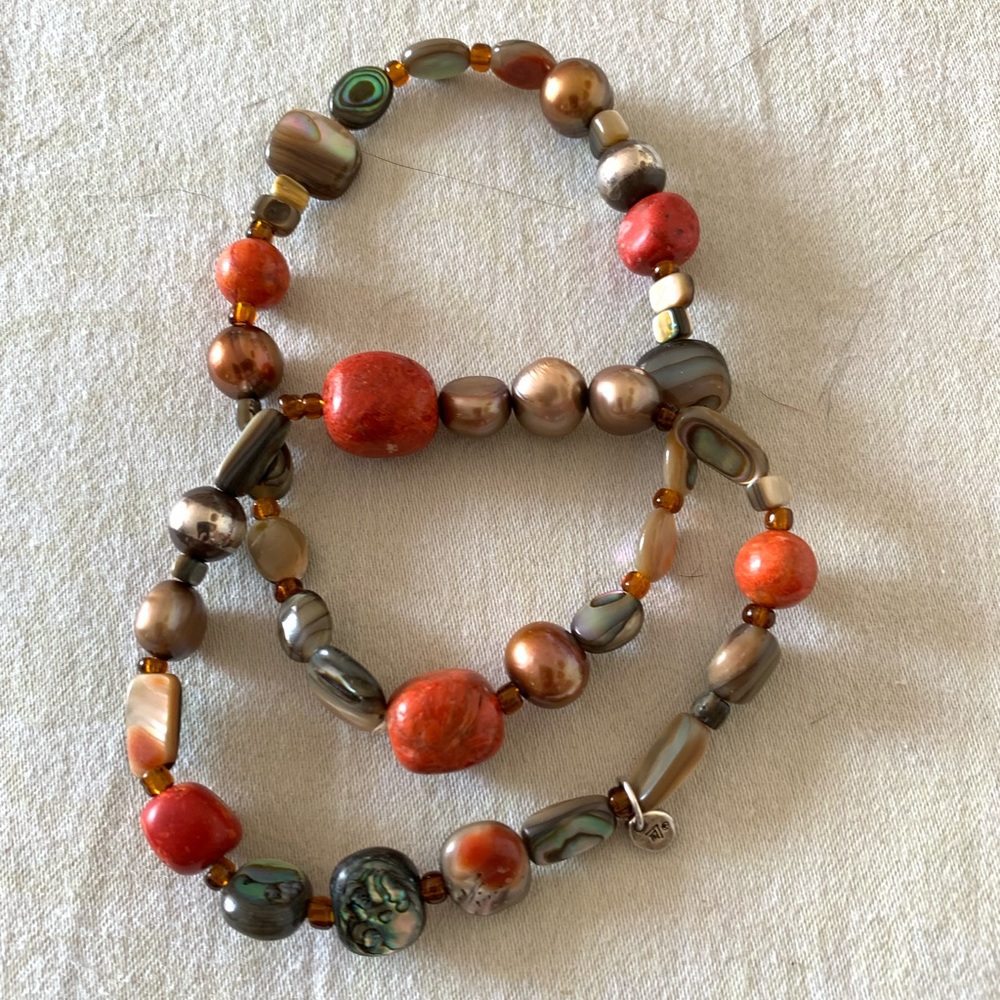 Retired Silpada "Tuscan Sun" Sterling Coral Abalone Stretch Bracelet Duo B1695